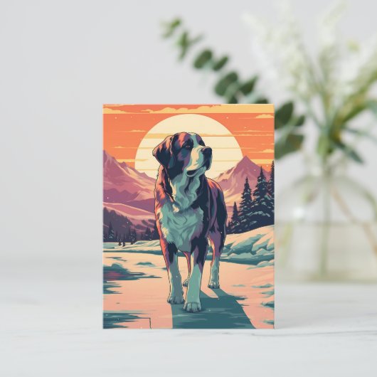 St.Bernard hond in het besneeuwde bos tijdens zons Briefkaart (Staand voorkant)