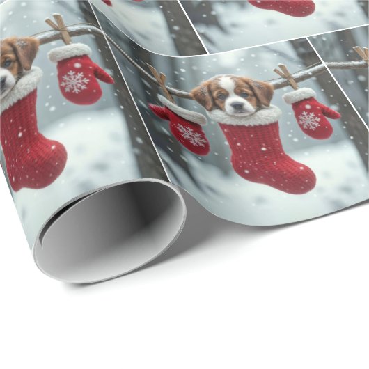 St. Bernard puppy in kerstkous Cadeaupapier (Rol Hoek)