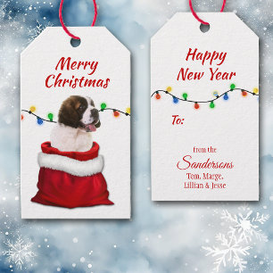 St. Bernard Puppy in Santa Bag Cadeaulabel