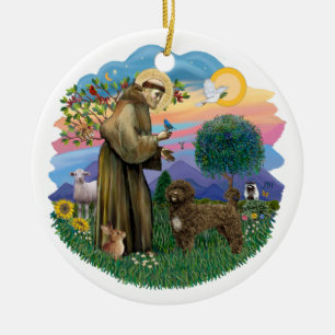 St Francis - Bruine Portugese Waterhond Keramisch Ornament