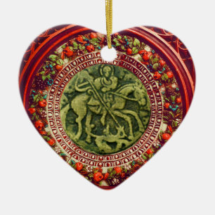 ST.GEORGE, DRAGON/MADONNA EN CHILD FLORAL HEART KERAMISCH ORNAMENT