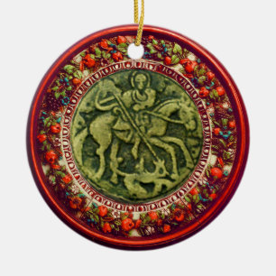 ST.GEORGE, DRAGON/MADONNA EN KINDERSTROOM KERAMISCH ORNAMENT