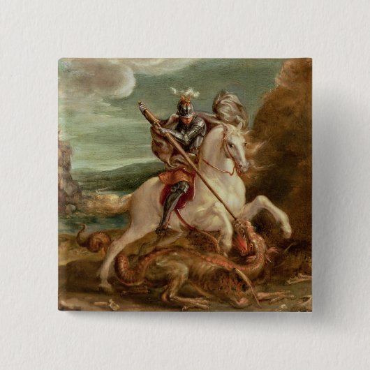 St. George slaying the dragon (olie op het paneel) Vierkante Button 5,1 Cm (Voorkant)