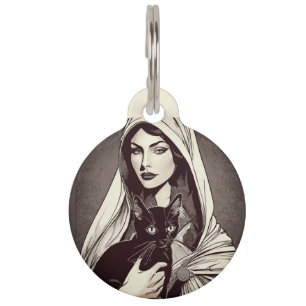 St Gertrude Patron of Cats Tattoo Style Black Cat Huisdierpenning