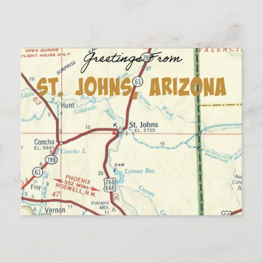 St. Johns Arizona  Map Briefkaart (Voorkant)