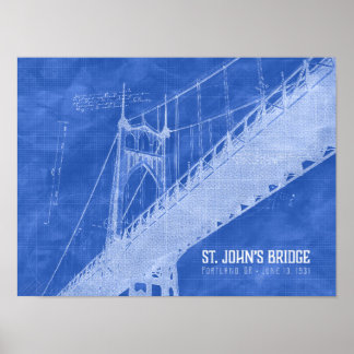 St. John's Bridge Architecture Blueprint Art Poster
