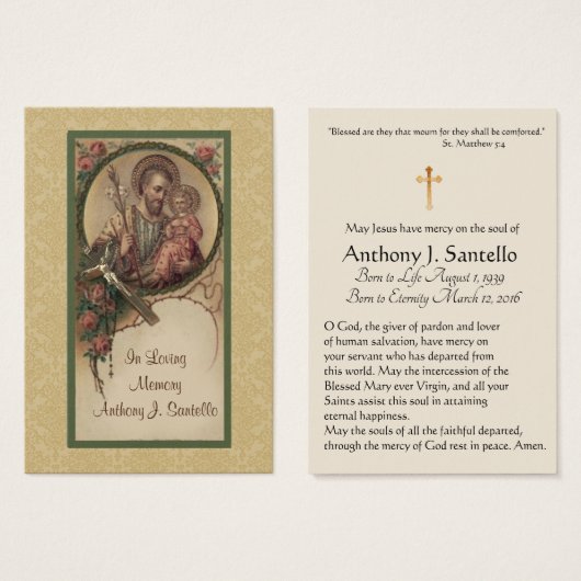 St. Joseph Catholic Funeral Memorial Holy Card - (Devant & derrière)