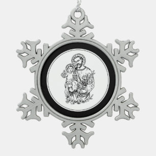 St. Jozef Bid Voor Ons Zwart, Wit, Katholiek Tin Sneeuwvlok Ornament