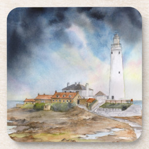St Mary Lighthouse Whitley Bay Waterverf Bier Onderzetter