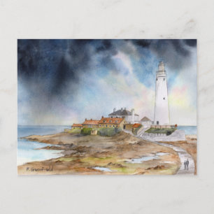 St Marys Lighthouse Whitley Bay Waterverf Briefkaart