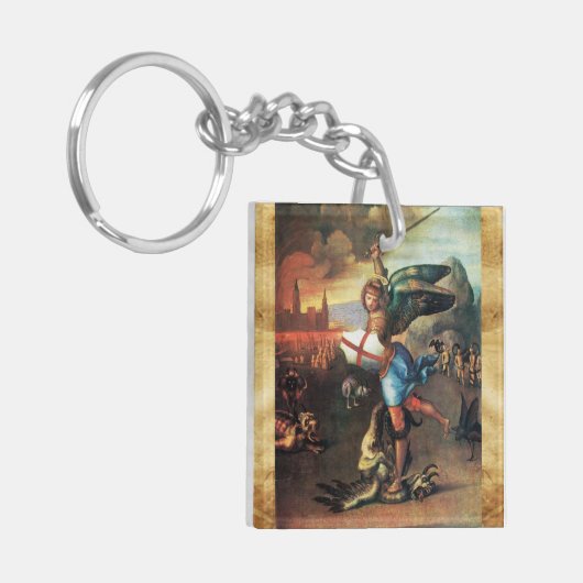 St Michael en de Dragon Prayer Perkament Sleutelhanger (Voorkant Links)
