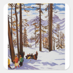 St. Moritz Vintage Skiers Alpine Elegantie Kunst Vierkante Sticker