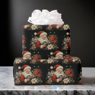 St Nicholas Christmas Poinsettia Bloemen Zwart Cadeaupapier