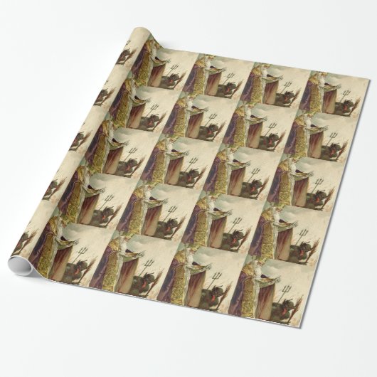 St Nicholas Krampus Pitchfork Priester Cadeaupapier (Uitgerold)