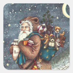 ST. NICK IN TEDDY BEAR SUIT, CHRISTMAS TEDDIES VIERKANTE STICKER