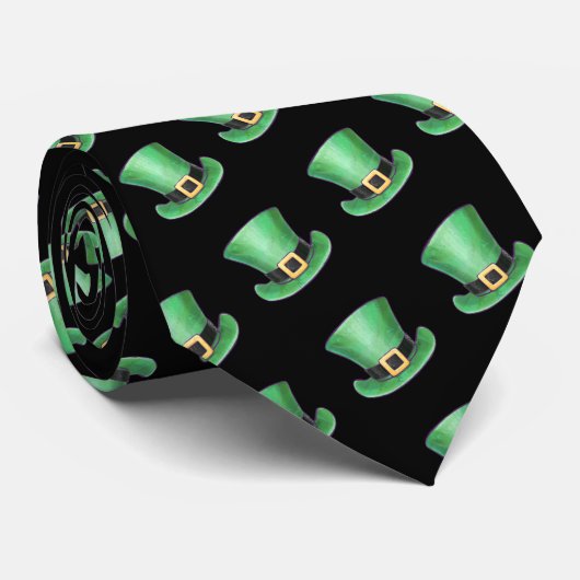 St. Paddy's Day Green Top Hat Pattern op Black Stropdas (Opgerold)