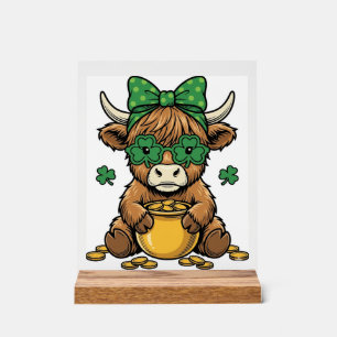 St Patrick Highland Koe Pot van Goud Vintage Kunst Acryl Bord