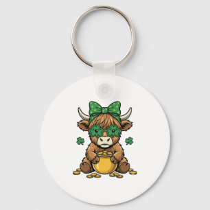 St Patrick Highland Koe Pot van Goud Vintage Kunst Sleutelhanger