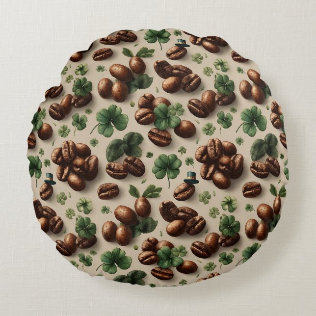 St. Patrick’s Day Coffee & Shamrock Pattern Rond Kussen (Voorkant)