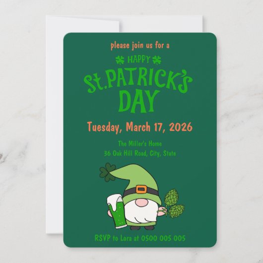 St. Patrick’s Day Gnome Green Invitation (Devant)