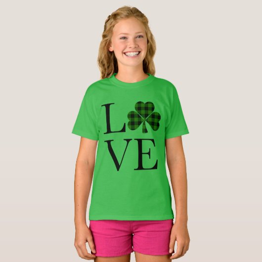 St.Patricks dag groen zwart geruite klaver liefde T-shirt (Voorkant volledig)