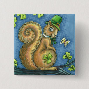 ST. PATRICK'S DAG IRISH LEPRECHAUN SQUIRREL, Lucky Vierkante Button 5,1 Cm