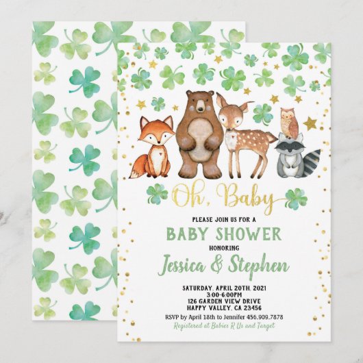 St Patrick's Day Baby shower Shamrock Animals Kaart (Voorkant / Achterkant)
