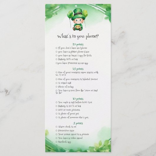 St. Patrick's Day babyshower spelkaart Menu (Voorkant)