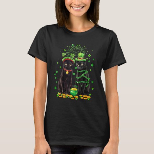 St Patricks Day Black Cat Leprechaun Shamrock Funn T-shirt (Voorkant)