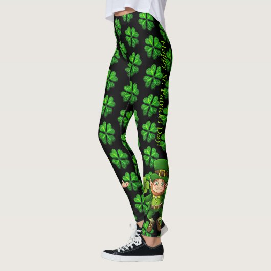 St Patrick's Day Black en Green 4 Leaf Clover Leggings (Links)