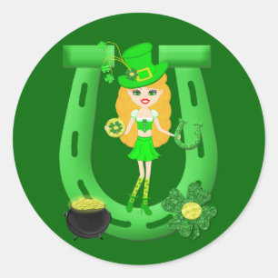 St Patrick's Day Blonde Girl Leprechaun Ronde Sticker