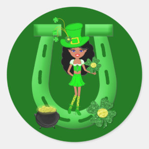 St Patrick's Day Brunette Girl Leprechaun Ronde Sticker