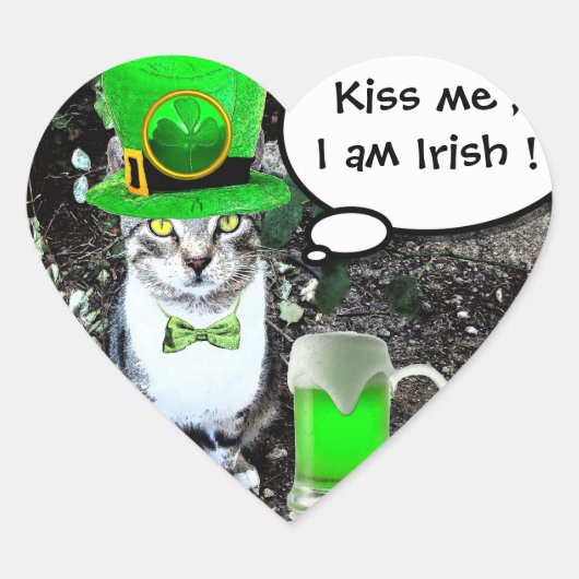 ST PATRICK'S DAY CAT MET GREEN IRISH BEER Heart Hart Sticker (Voorkant)