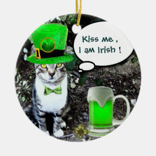 ST PATRICK'S DAY CAT MET GREEN IRISH BEER KERAMISCH ORNAMENT