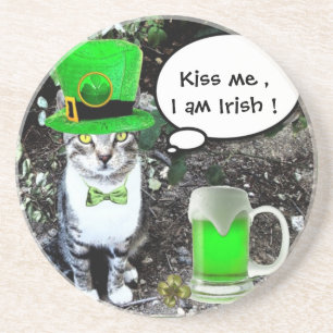 ST PATRICK'S DAY CAT MET GREEN IRISH BEER ZANDSTEEN ONDERZETTER