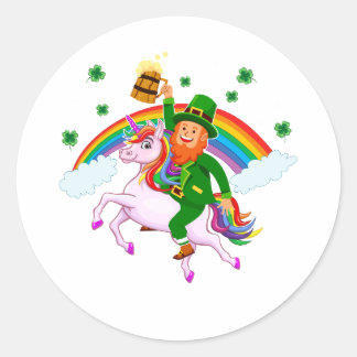 St. Patrick's Day Cute Leprechaun Riding Unicorn Ronde Sticker