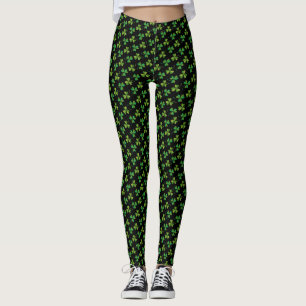 St Patricks Day Cute Shamrock Pattern Green Black Leggings