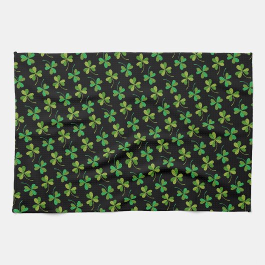 St Patricks Day Cute Shamrock Pattern Green Black Theedoek (Horizontaal)