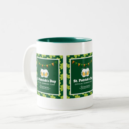 St. Patrick's Day Drink Team Clover Pattern Tweekleurige Koffiemok (Voorkant links)