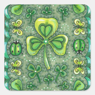 ST. PATRICK'S DAY FOLK ART SHAMROCKS N' LADYBUGS VIERKANTE STICKER