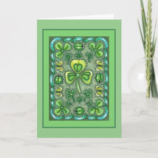 ST. PATRICK'S DAY FOLK ART SHAMROCKS N'LADYBUGS FEESTDAGEN KAART (Voorkant)