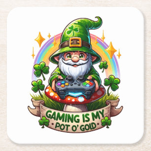St. Patrick's Day Gamer Kabouter Vierkante Kartonnen Onderzetter