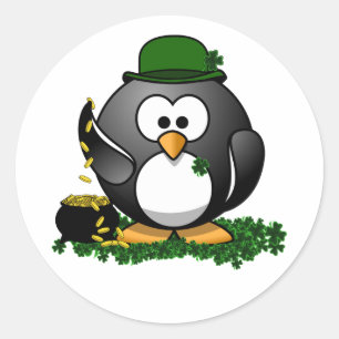 St. Patrick's Day Geluksbrengende Pinguïn met Pot Ronde Sticker