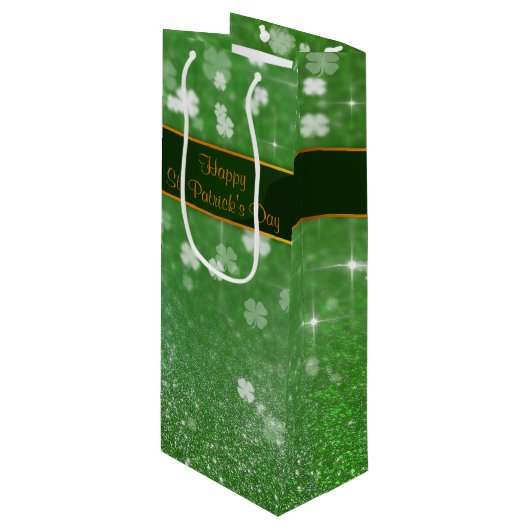 St. Patrick's Day Glitter Shamrock Wijn Cadeautas (Voorkant Gekanteld)