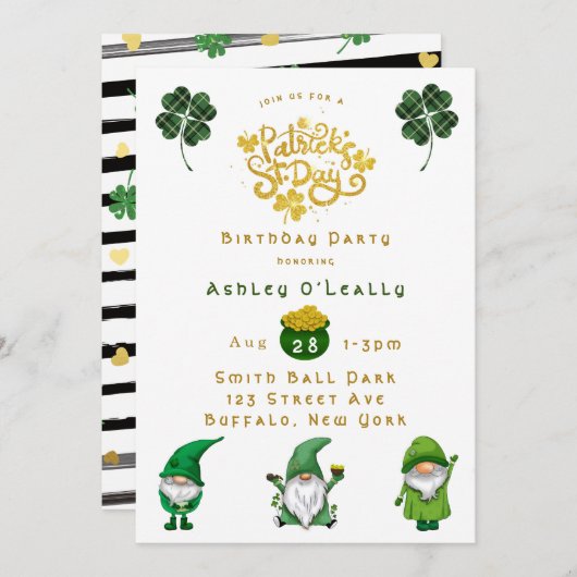 St. Patrick's Day Gnome Birthday Party Invitation Kaart (Voorkant / Achterkant)