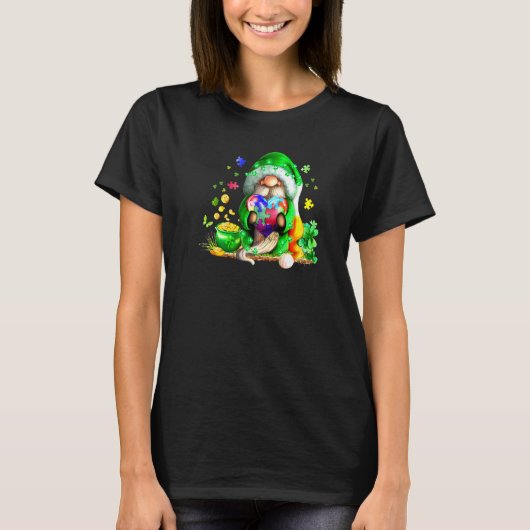 St Patricks Day Gnome Holding Autism Puzzle Heart T-shirt (Voorkant)