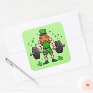 St. Patrick's Day Grappige Leprechaun Barbell Gym Vierkante Sticker