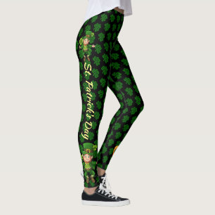 St Patrick's Day Green & Black Personalize Text Leggings