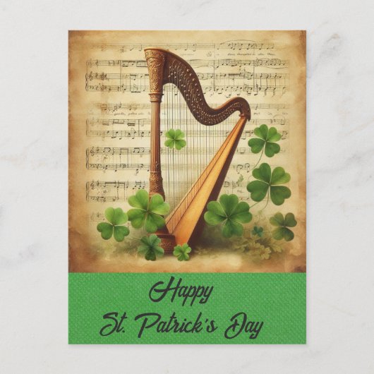 St Patricks Day Harp Shamrock Irish Music Briefkaart (Voorkant)