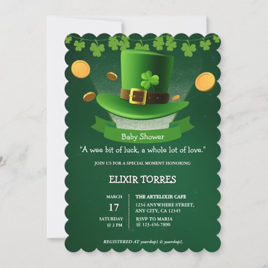 St. Patrick's Day Hoed Klaverblad Goud Babyfeestje Kaart (Voorkant)